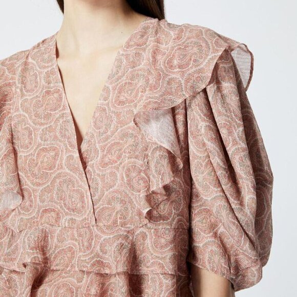 The Kooples Boho Silk Blend Crop Top Womens Pink Short Puff Sleeve V Neck Ruffle - Picture 6 of 7